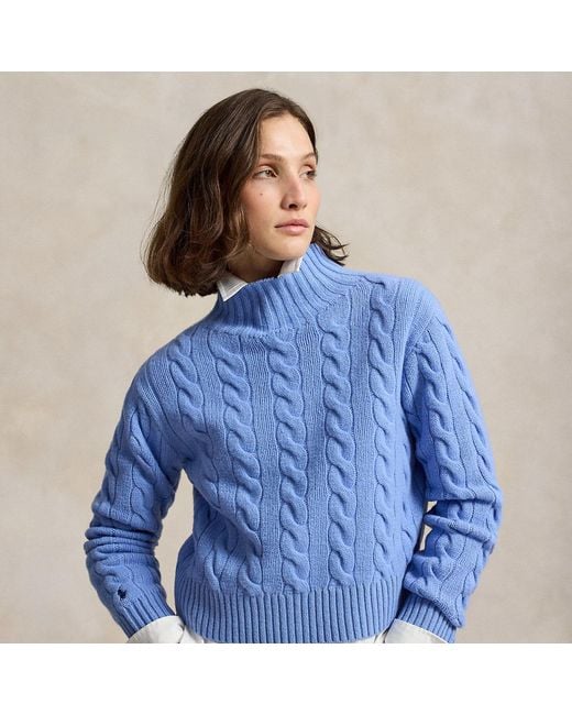 Polo Ralph Lauren Blue Cable-Knit Wool-Cashmere Rollneck