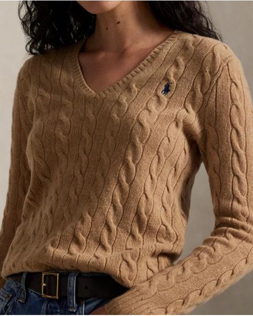 Polo Ralph Lauren Brown Cable-Knit Wool-Cashmere V-Neck Sweater