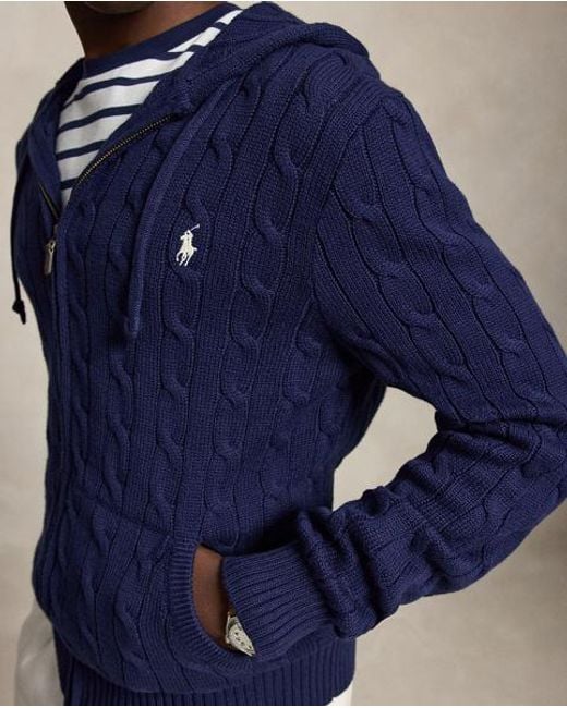 Polo Ralph Lauren Blue Cable-Knit Cotton Hooded Sweater for men