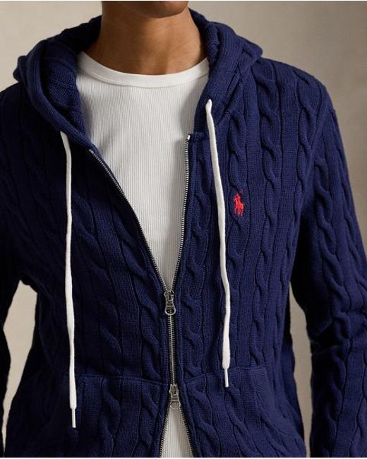 Polo Ralph Lauren Blue Textured Cable Knit Cotton Sweatshirt With Zip Fastening