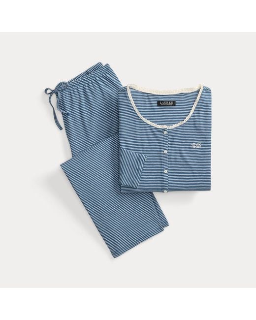 Ralph Lauren Blue Striped Lace-Trim Rib-Knit Pyjama Set