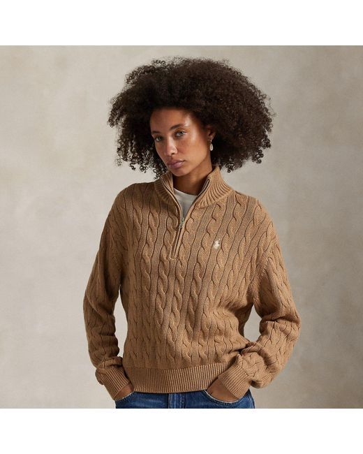 Polo Ralph Lauren Brown Cable-Knit Cotton Half-Zip Jumper