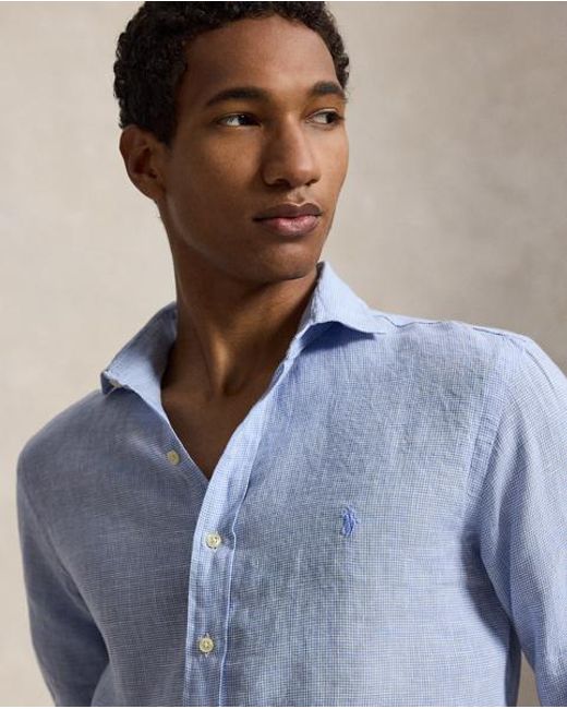 Polo Ralph Lauren Blue Custom Fit Houndstooth Linen Shirt for men