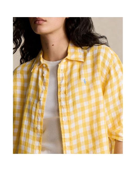 Camicia ampia e corta in lino vichy di Polo Ralph Lauren in Metallic