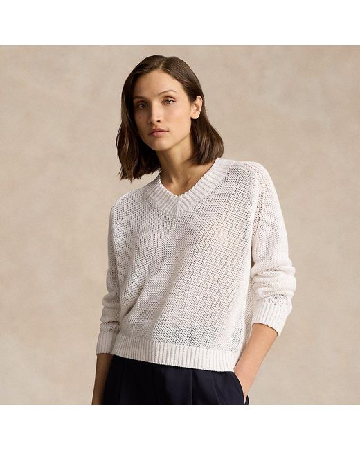 Ralph Lauren White Linen-cotton V-neck Sweater