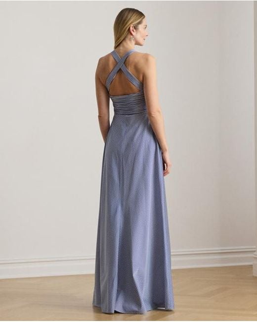 Ralph Lauren Blue Striped Pleated Taffeta Sleeveless Gown