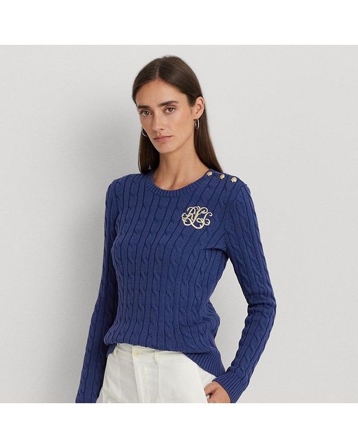 Lauren by Ralph Lauren Blue Ralph Lauren Button-trim Cable-knit Cotton Sweater