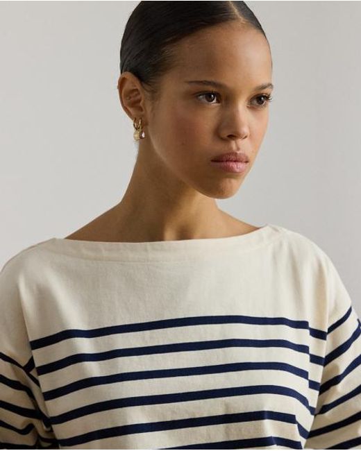 Ralph Lauren White Striped Jersey Boatneck Top