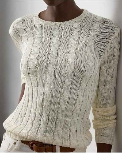 Ralph Lauren Natural Seiden-Rundhalspullover Mit Zopfmuster