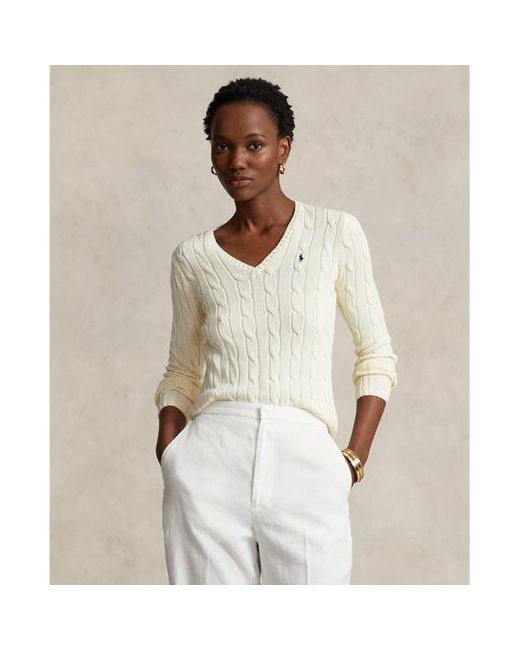 Ralph Lauren White Cable-knit Cotton V-neck Sweater