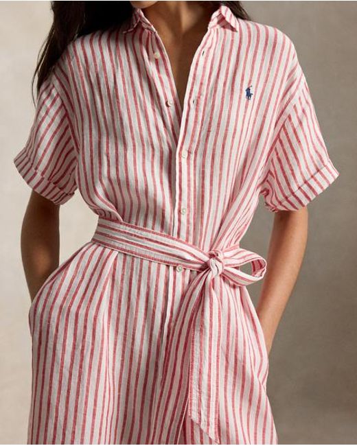 Polo Ralph Lauren Pink Short-Sleeved Striped Linen Shirt Dress