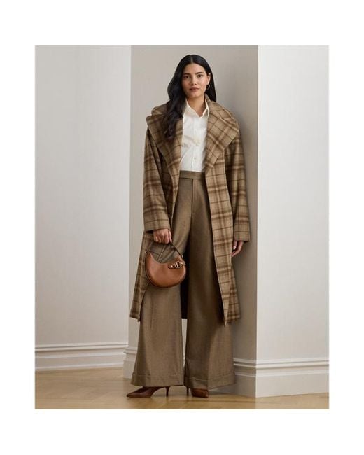 Ralph Lauren Natural Ralph Lauren Pleated Wool Herringbone Wide-Leg Pant