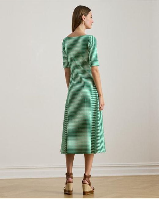 Ralph Lauren Green Striped Stretch Cotton Ribbed Midi Dress