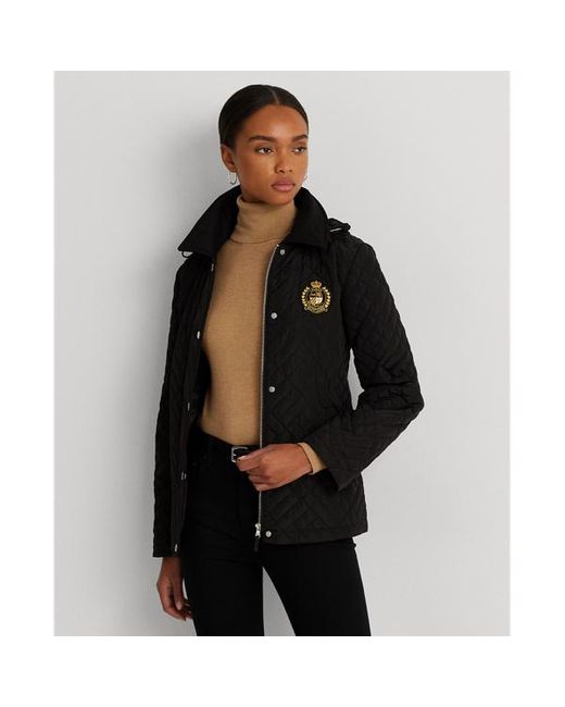 Lauren by Ralph Lauren Black Crest-patch Quilted Hooded Jacket