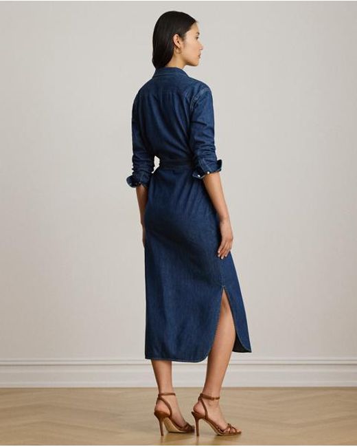 Ralph Lauren Blue Belted Denim Midi Shirtdress