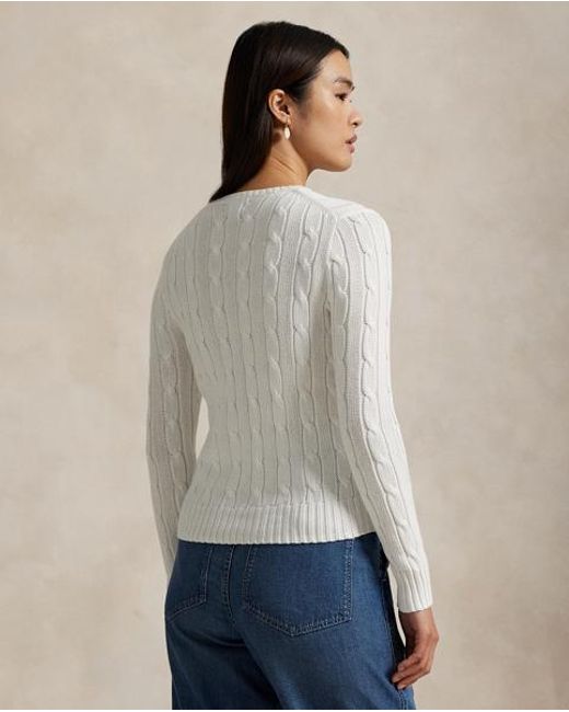 Polo Ralph Lauren White Baumwoll-Rundhalspullover Mit Zopfmuster
