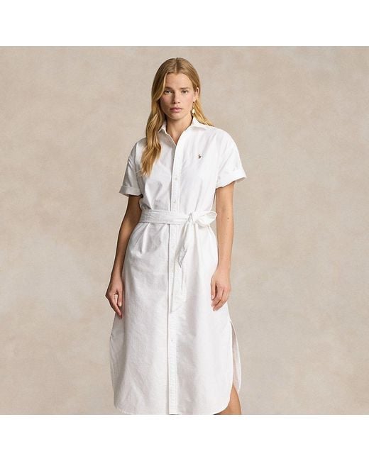 Polo Ralph Lauren White Kurzärmliges Oxford-Hemdkleid mit Gürtel