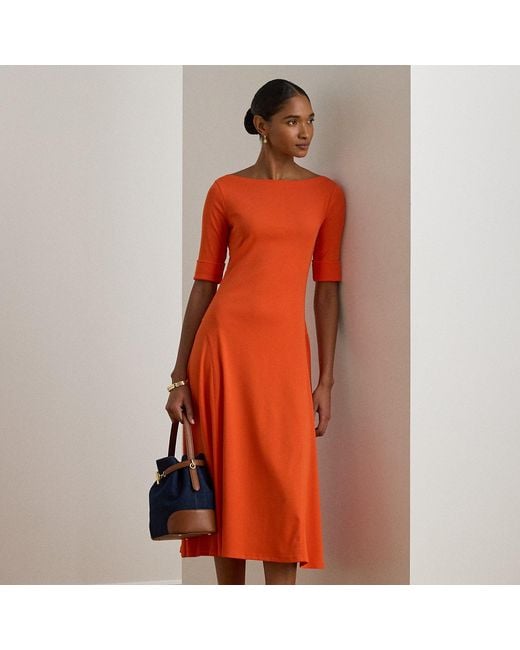 Ralph Lauren Orange Rib-Knit Stretch Cotton Midi Dress