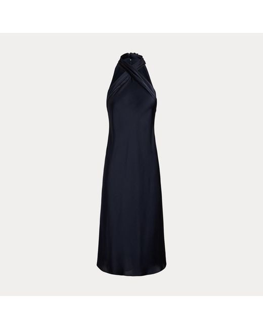 Ralph Lauren Blue Charmeuse Tie-Back Halter Cocktail Dress