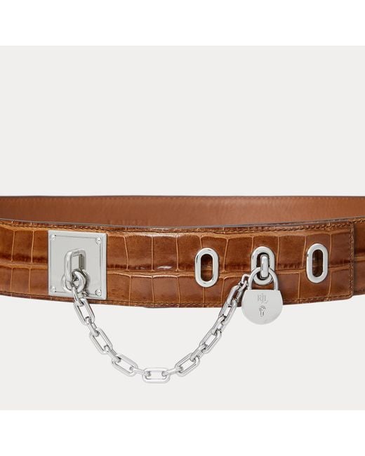 Ralph Lauren Brown Croc-Embossed Leather Belt with Silver RLL Buckle s-l400.jpg main image 2