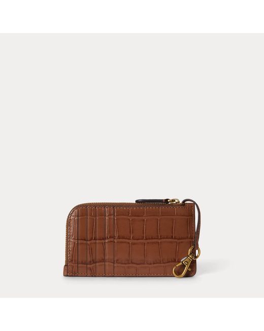 Ralph Lauren Brown Croc-Embossed Leather L-Zip Card Case