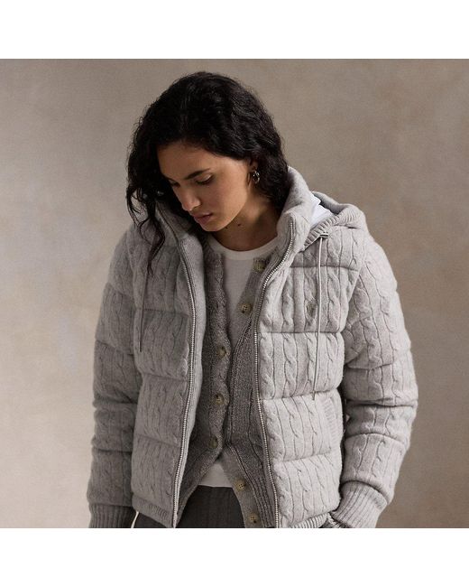 Ralph Lauren Cable knit Hooded Down Coat in Gray Lyst
