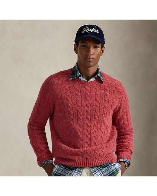 Ralph Lauren Men's Red Suede-Patch Cable-Knit Sweater