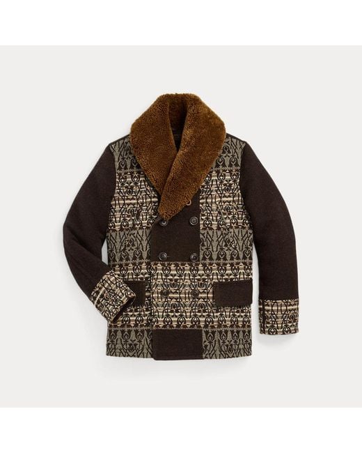 RRL Brown Shearling-collar Jacquard Ranch Coat for men