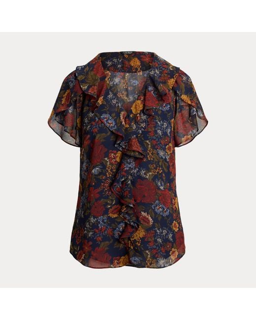 Ralph Lauren Black Geblümte Georgettebluse Mit Rüschen