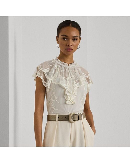 Ralph Lauren Natural Ruffle-trim Embroidered Mesh Blouse