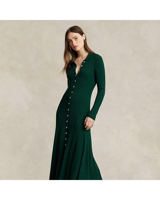 Ralph Lauren Green Rib-knit Wool Polo Sweater Dress