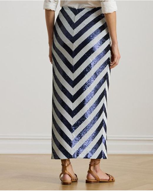 Ralph Lauren Blue Striped Sequined Pencil Midi Skirt