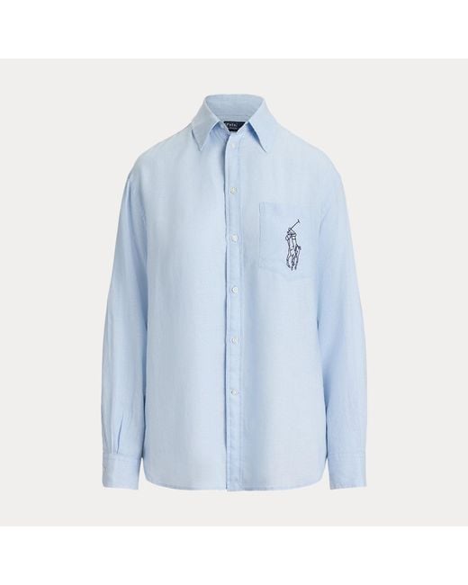 Polo Ralph Lauren Blue Oversize Fit Big Pony Linen Shirt