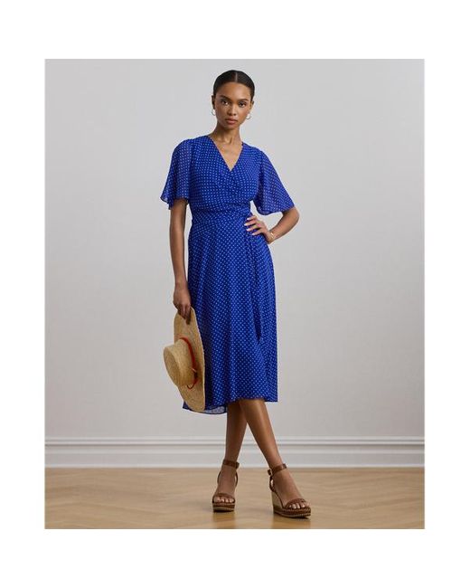 Ralph Lauren Blue Polka-dot Belted Crinkle Georgette Dress