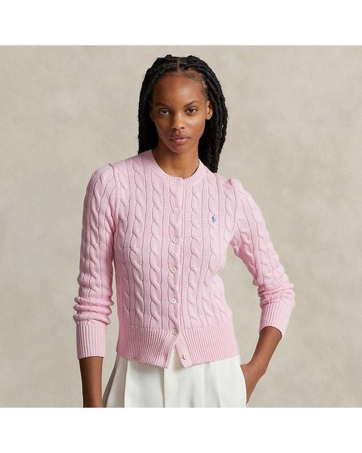 Polo Ralph Lauren Pink Cable-knit Cotton Crewneck Cardigan