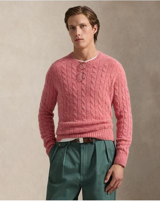 Polo Ralph Lauren Red Suede-Patch Cable-Knit Sweater for men