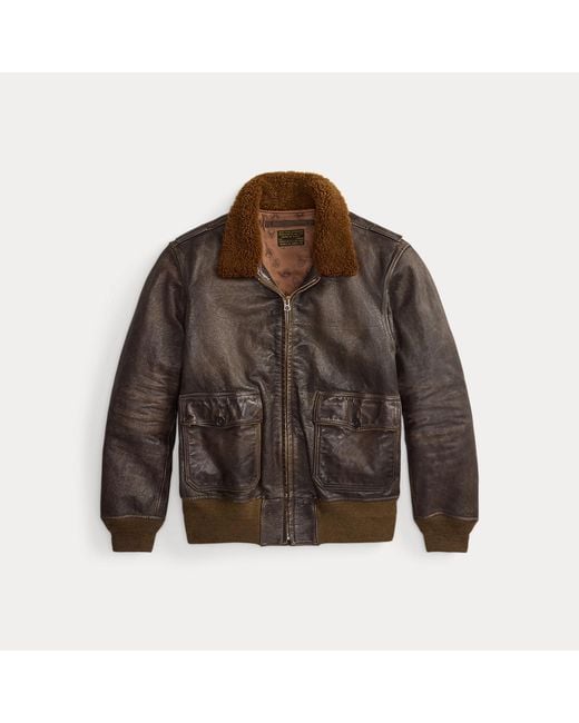 RRL Blue Shearling-Collar Leather Flight Jacket for men