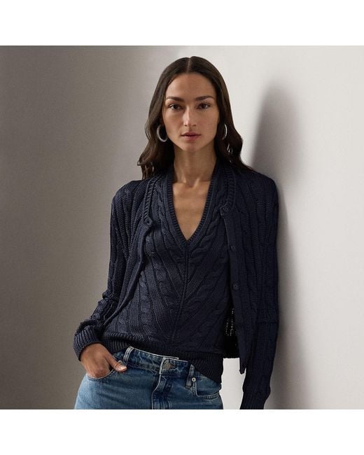 Ralph Lauren Blue Cable-Knit Silk Cropped Cardigan