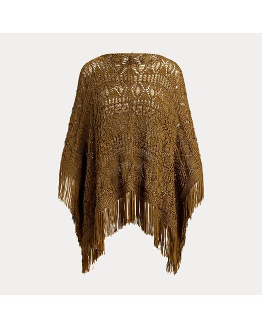 Ralph Lauren Brown Fringe-Trim Pointelle Jumper Poncho