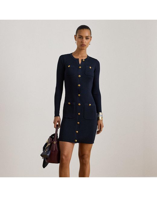 Ralph Lauren Blue Button-Trim Rib-Knit Jumper Dress