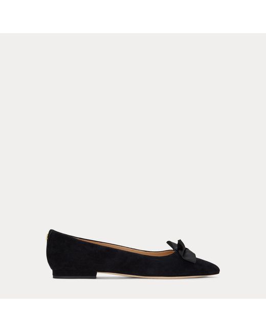 Ralph Lauren Black Londyn Bow-Trim Suede Ballet Flat