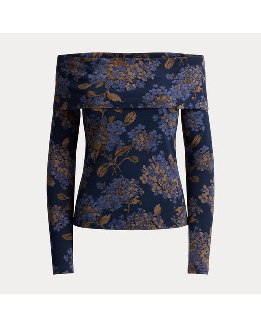 Ralph Lauren Blue Floral Jersey Off-The-Shoulder Top