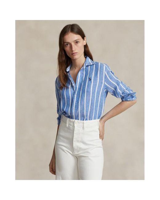 Ralph Lauren Blue Relaxed Fit Striped Linen Shirt