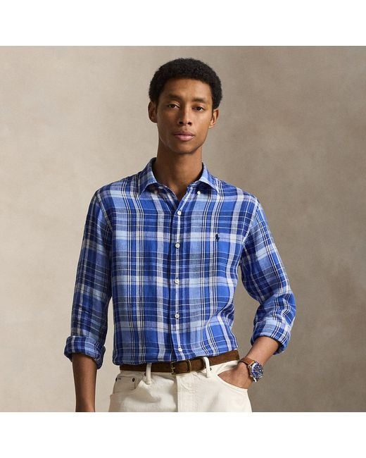 Polo Ralph Lauren Blue Custom Fit Plaid Linen Shirt for men