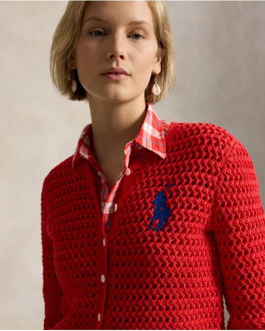 Polo Ralph Lauren Red Big Pony Crocheted Cotton Cardigan