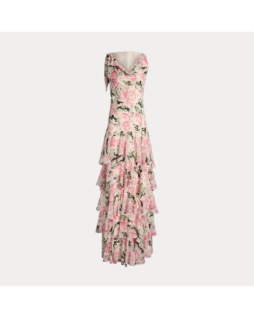 Lauren by Ralph Lauren Pink Ralph Lauren Floral Crinkle Georgette Tiered Gown