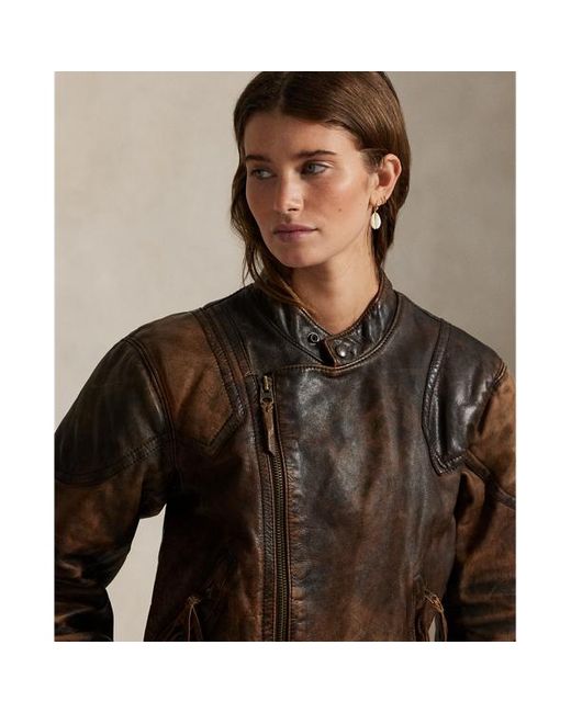 Giacca biker in pelle consumata di Polo Ralph Lauren in Brown