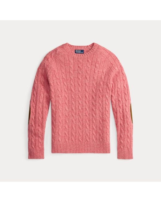 Polo Ralph Lauren Red Suede-Patch Cable-Knit Sweater for men