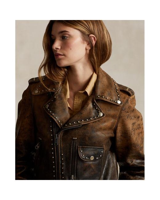 Polo Ralph Lauren Brown Studded Leather Moto Jacket