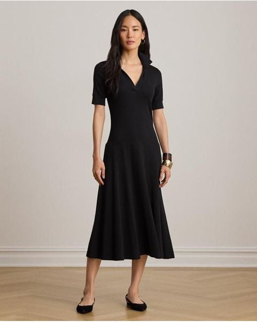 Ralph Lauren Black Rib-Knit Elbow-Sleeve Polo Dress